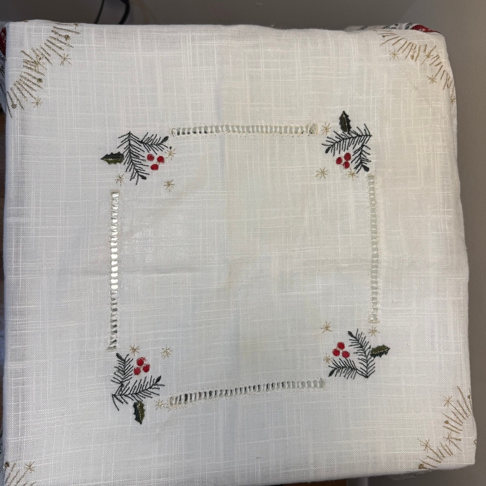 Vintage Embroidered Christmas Tablecloth Bells Poinsettia Holly Hemstitch 33x33 - Picture 3 of 12